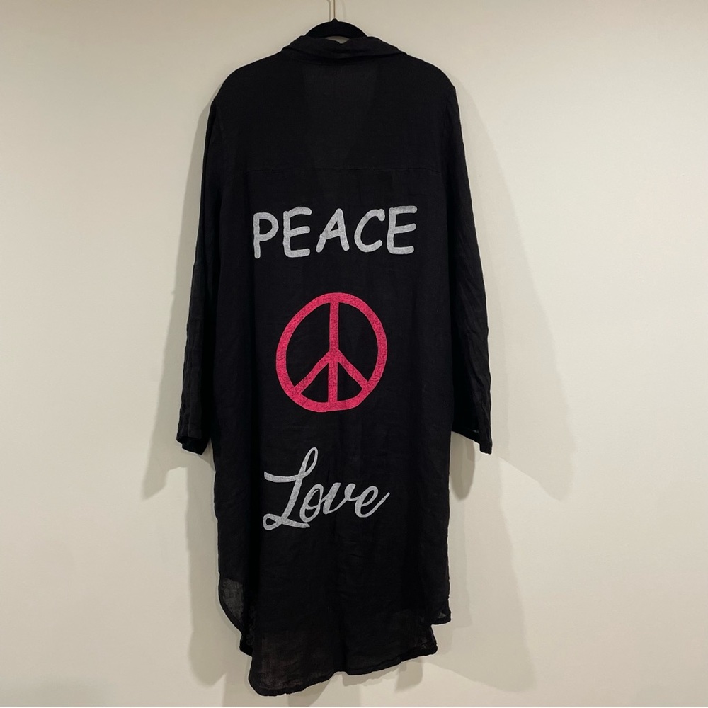 100% linen made in Italy black long sleeve button down tunic top peace and love